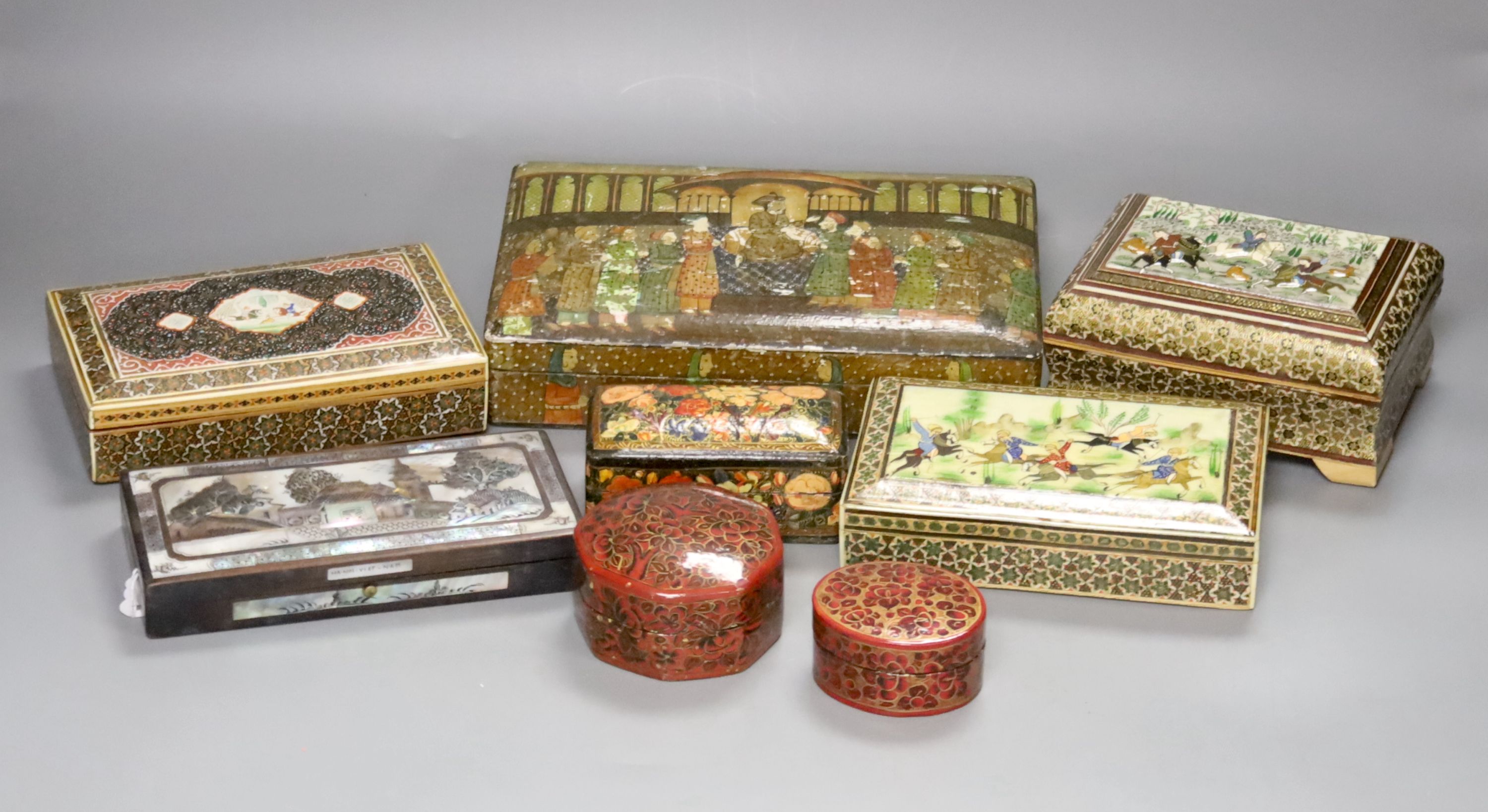 Four Persian painted lacquer boxes and four others